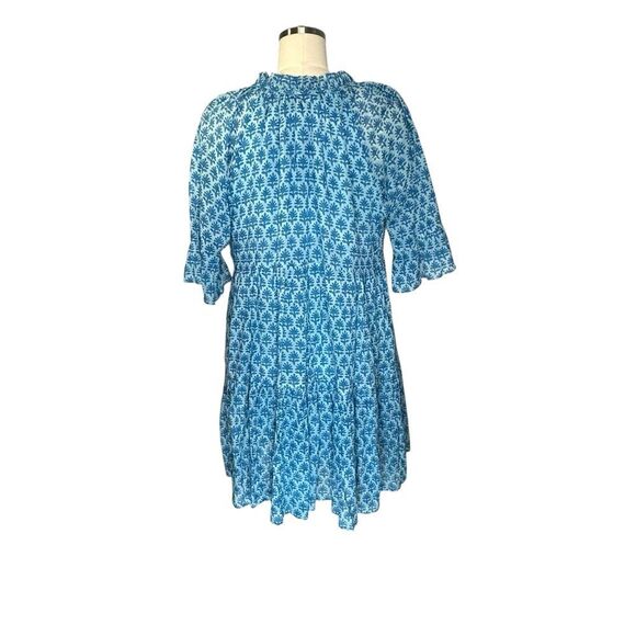 Oliphant Blue Floral Flutter Sleeve Dropped Tiered Mini Dress | L - Picture 6 of 9